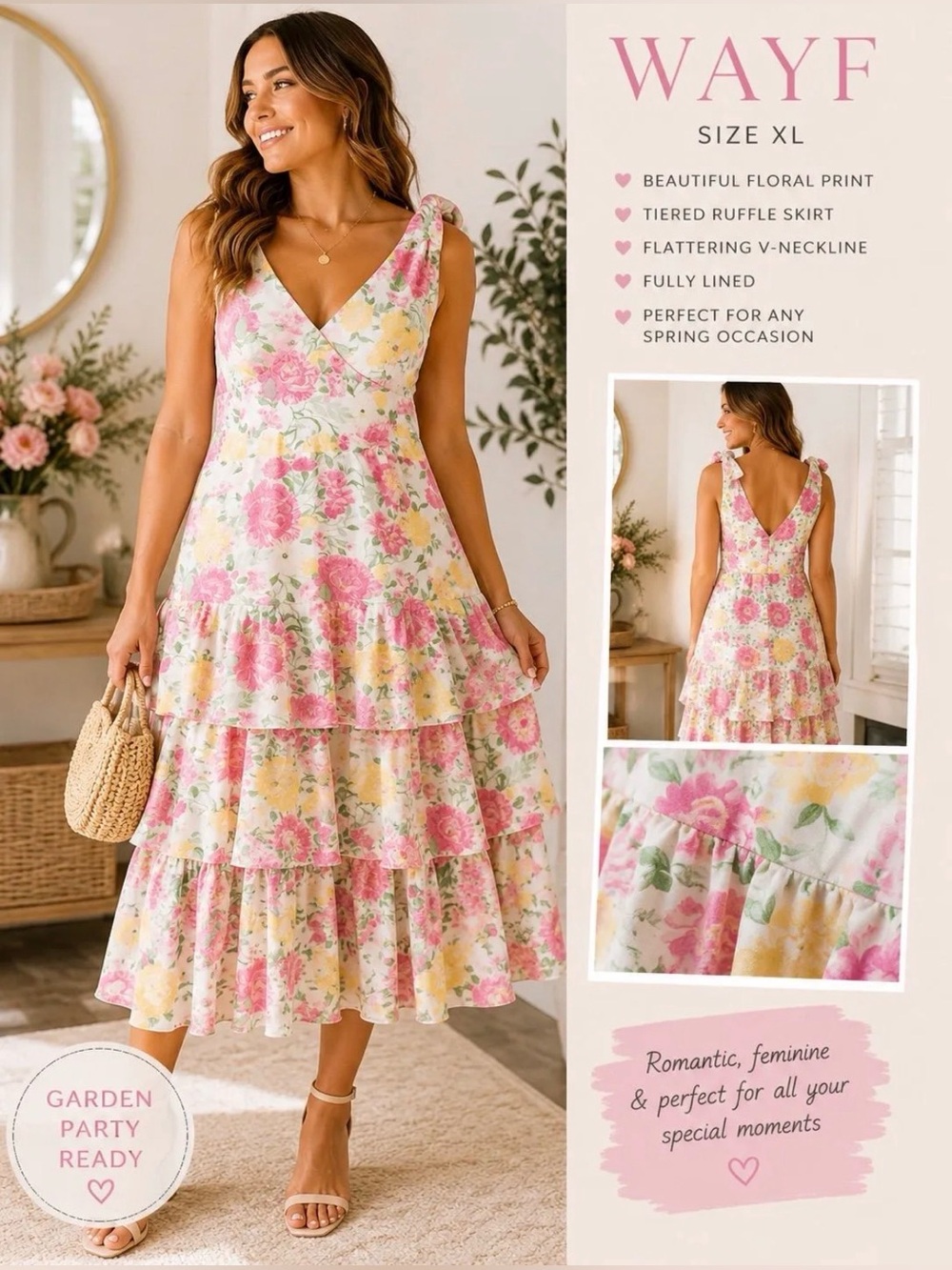 WAYF Floral Tiered Midi Dress XL Garden Party Wedding Guest Ruffle Dress